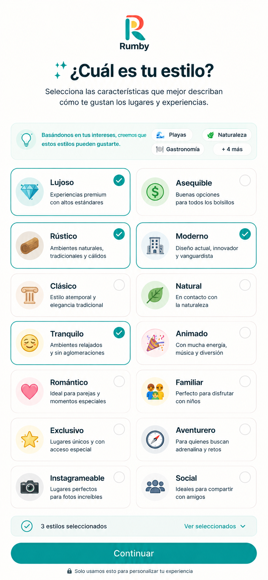 Pantalla de Rumby para elegir el estilo de lugares y experiencias